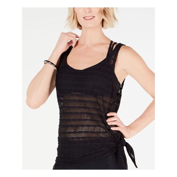 NWT GO GOSSIP Women's Black Stretch Scoop Neck Ruched Strappy Swimsuit Top S - Picture 3 of 4